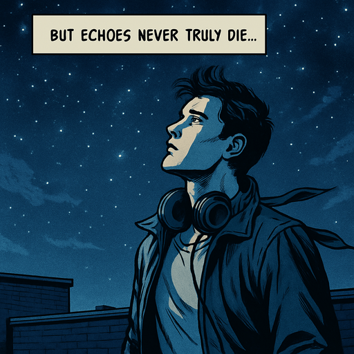 2048x2048, realistic comic style. Night sky on a rooftop, Noah gazes at the stars with headphones around his neck. Gentle wind flutters his jacket. Deep blue, nostalgic color tones. Add a transparent narrator box at the top-center with the text: "But echoes never truly die...".
In-Game asset.  2d.  High contrast.  No shadows