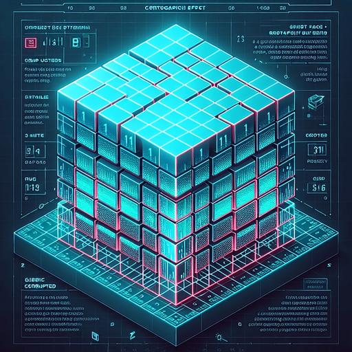 Design an isometric 3D holographic cube resembling a Rubik's cube. The cube should display the top face and two adjacent side faces, each divided into a 3x3 grid of cells. Each cell must contain either a '1' or a '0' in a glowing cyan-blue monospace font, visible on all three faces. A few specific cells across the cube should stand out with their binary digits ('1' or '0') highlighted in bright red.

To indicate corruption, overlay the cube with subtle glitch effects, such as flickering segments, static noise, and distorted gridlines. Add a small glowing text label floating near the cube that reads 'CORRUPTED' in bold red, with a slight flicker or distortion to enhance the corrupted feel. Ensure the cube retains its holographic aesthetic with a soft cyan glow, suspended in mid-air, projecting from a base below with ambient lighting and sci-fi effects.
Single Game Texture. In-Game asset. 2d. Blank background. High contrast. No shadows.