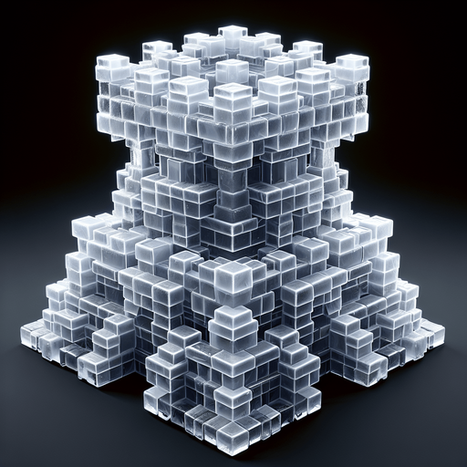 A turret tower constructed out of square ice blocks. Front view perspective. Single Game Texture. In-Game asset. 2d. Blank background. High contrast. No shadows.