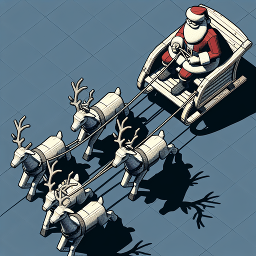 Santa on sleigh pulled by reindeer blank background no shadows flying forward away straight top down Single Game Texture. In-Game asset. 2d. Blank background. High contrast. No shadows.