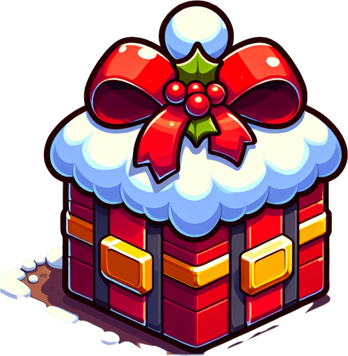 christmas present for kind santa, cartoon, power up Single Game Texture. In-Game asset. 2d. Blank background. High contrast. No shadows.