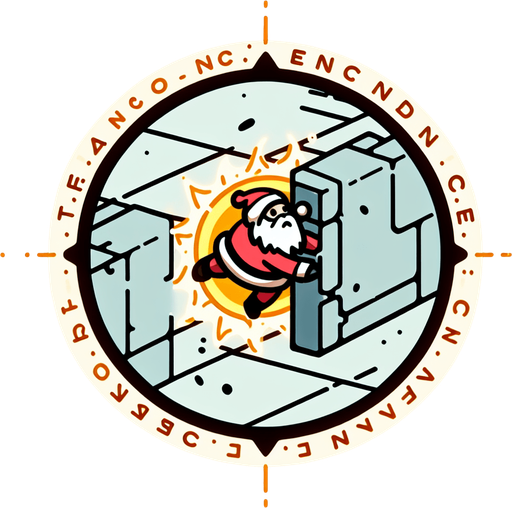 Icon for santa moving through walls, on a circle, with the text „transcendence“ at top, cartoon Single Game Texture. In-Game asset. 2d. Blank background. High contrast. No shadows.