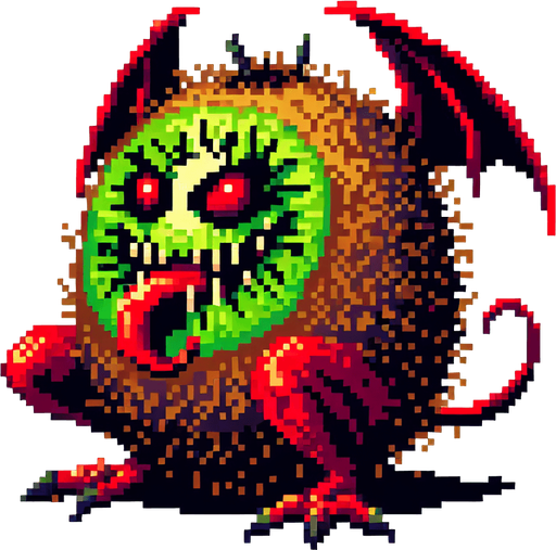 a demonic kiwi, pixel style.
Single Game Texture.  In-Game asset.  2d.  Blank background.  High contrast.  No shadows