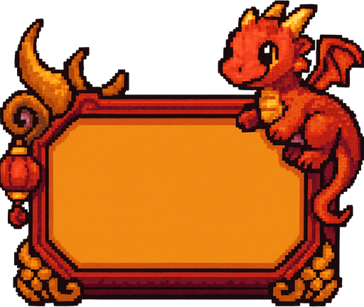 A horizontally-oriented pixel art score frame designed for a fantasy-themed 2D retro game featuring a baby dragon.
The frame is intended to be placed at the top center of the screen during gameplay.
It has a rounded rectangular shape with a rich dark red or deep gold background and mystical decorative accents.
The inside of the frame is filled with a solid warm color (not transparent) to allow number assets to be placed on top.
Small fantasy elements like tiny dragon scales, curved horns, or red lantern motifs can appear on the corners or edges to match the baby dragon theme.
The overall look is mystical, cute, and fits a traditional Eastern-inspired fantasy aesthetic..
In-Game asset.  2d.  High contrast.  No shadows. pixel art. side view. fantasy. retro game. dragon theme. eastern style. cute. rich colors. mystical