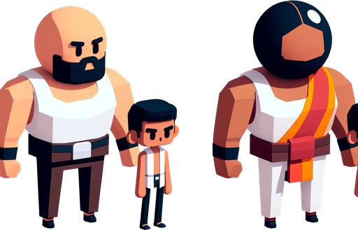 Fat obese Man, next to skinny man. Ball for head. Cartoon 3d. Flat. Clipart  high-detail. In-Game asset. 2d. Blank background. High contrast. No shadows.