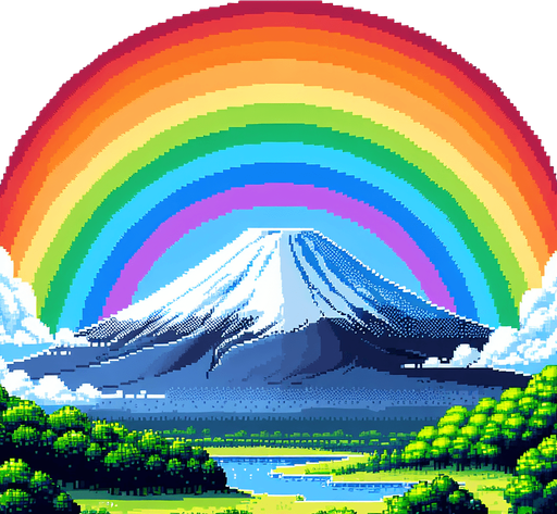 A Mount fuji background with a big rainbow crossing from side to side in the sky, pixel style, colourful.
Single Game Texture.  In-Game asset.  2d.  Blank background.  High contrast.  No shadows