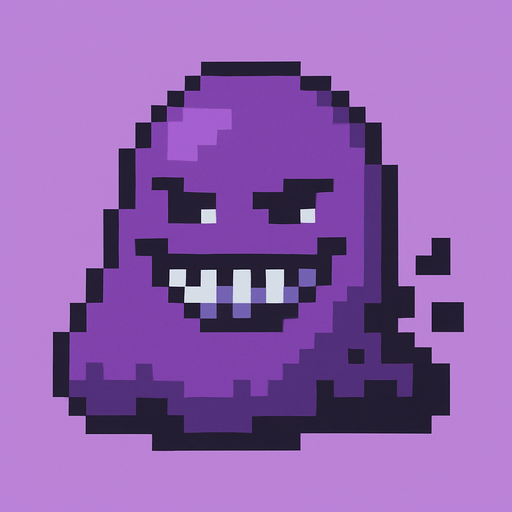 Genera una imagen de un corrupto pixel,  y que no sea terrorífico y que sea morado.
In-Game asset.  2d.  High contrast.  No shadows