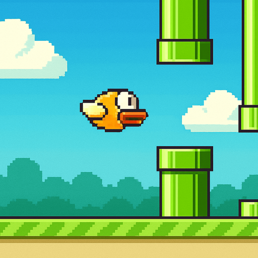 Fullscreen modern App Store landscape banner, 16:9, high definition, for a game titled "Flappy Flight" and with the description "Guide a bird through gaps in pipes by tapping to flap and avoid obstacles. Score points for each successful pass.". No text on banner! pixel