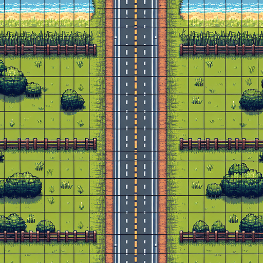 Top-down seamless vertically scrolling background for an endless driving game, central road with 3 lanes, side grass, trees, and fences, pixel art style, 512x1024 resolution".
Single Game Texture.  In-Game asset.  2d.  Blank background.  High contrast.  No shadows