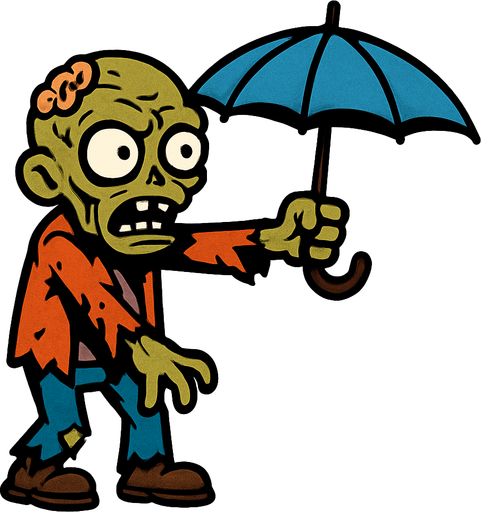 a zombie raises an umbrella forward.
In-Game asset.  2d.  High contrast.  No shadows