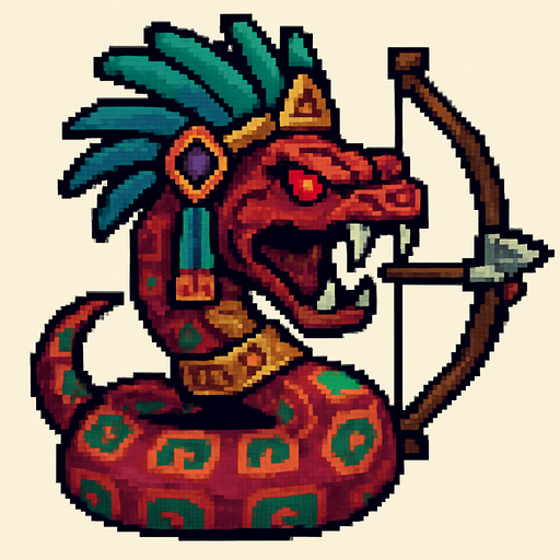 Genérame una Boa de arcoiris guerrero azteca con eso patrones, estilo pixelar, con una apariencia maligna, ojos rojos, rabioso. Unidad a distancia, con un arco o cerbatana. Animal.
In-Game asset.  2d.  High contrast.  No shadows
