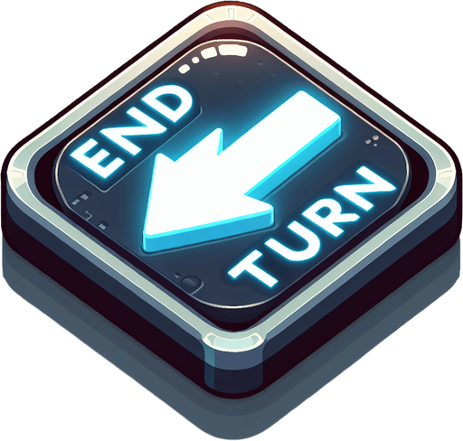 A glowing horizontal arrow button that says "End Turn"..
Single Game Texture. In-Game asset. 2d. Blank background. High contrast. No shadows.