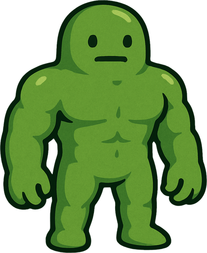 1 tane az kaslı yeşil slime yap çok az kası olsun nötr surat olsun.
In-Game asset.  2d.  High contrast.  No shadows ayakları elleri kafası var