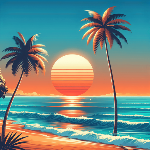 A sunset beach background with waves and palm trees..
Single Game Texture.  In-Game asset.  2d.  Blank background.  High contrast.  No shadows