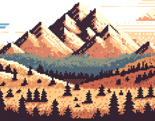 moutain landscape in pixelate look, make the background horizontally loopable.
Single Game Texture. In-Game asset. 2d. Blank background. High contrast. No shadows.