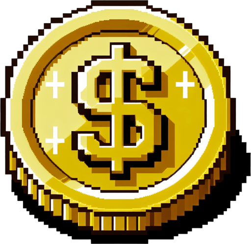 gold coin, $ sign on it, snes art.
Single Game Texture.  In-Game asset.  2d.  Blank background.  High contrast.  No shadows