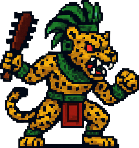 Genérame una Jaguar guerrero azteca con eso patrones, estilo pixelar, con una apariencia maligna, ojos rojos, rabioso. Unidad cuerpo a cuerpo.
In-Game asset.  2d.  High contrast.  No shadows