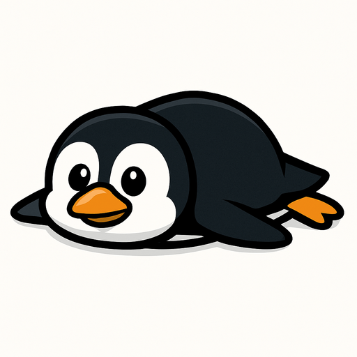 A cartoon-style penguin lying flat on its belly, facing forward with its body stretched out.
In-Game asset.  2d.  High contrast.  No shadows