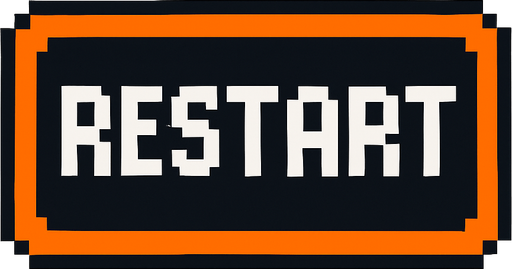 restart button, orange outline, white text, pixel art..
In-Game asset.  2d.  High contrast.  No shadows