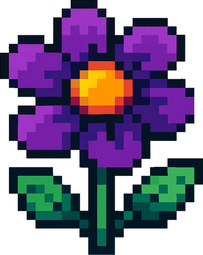 una flor morada de pixeles.
In-Game asset.  2d.  High contrast.  No shadows