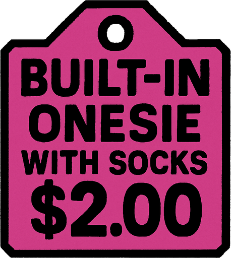 Price tag that says built-in onesie with socks $2.00.
In-Game asset.  2d.  High contrast.  No shadows