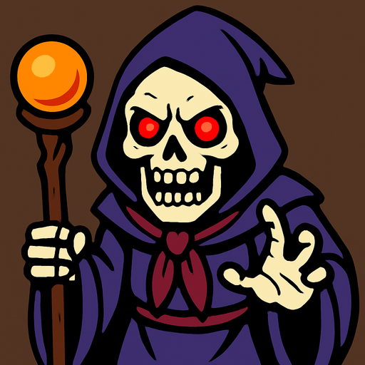 un hechizero esqueleto les mira de forma aterradora hacia adelante con ojos rojos y brillosos.
In-Game asset.  2d.  High contrast.  No shadows