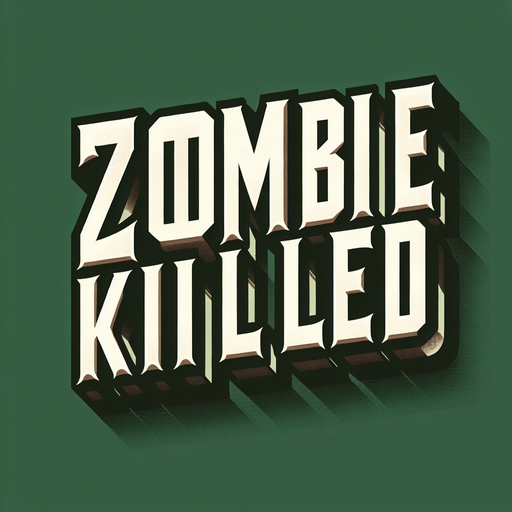 A bold, uppercase text displaying 'Zombie Killed' in a vintage sports-style font. The letters are thick, blocky, and have a three-dimensional effect with a dark outline. The text is off-white with a slightly aged and worn texture. The background is deep green, providing a strong contrast. The text is displayed horizontally, maintaining a structured and professional look. The font has sharp, angular edges, resembling varsity or athletic lettering commonly seen on sports jerseys or scoreboards..
Single Game Texture.  In-Game asset.  2d.  Blank background.  High contrast.  No shadows