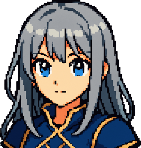 Beautiful anime-style girl with gray hair and light blue eyes. Game image. 2D. High contrast. No shadows. Pixel art..
In-Game asset.  2d.  High contrast.  No shadows