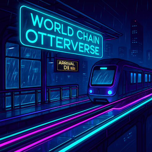 Generate an elevated monorail station at night, with neon rails and transparent glass platforms. Holographic signage over the tracks proclaims ‘World Chain Otterverse.’ Add animated train arrival indicators, rain streaks on glass, and distant skyscrapers—no characters or coins present..
In-Game asset.  2d.  High contrast.  No shadows