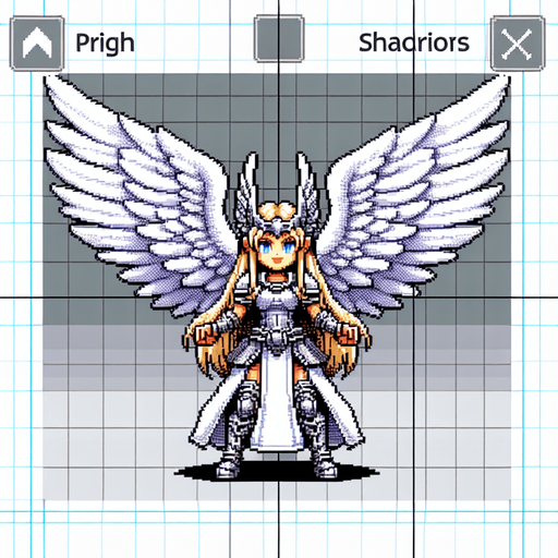snes female valkyrie white wings spread.
Single Game Texture.  In-Game asset.  2d.  Blank background.  High contrast.  No shadows