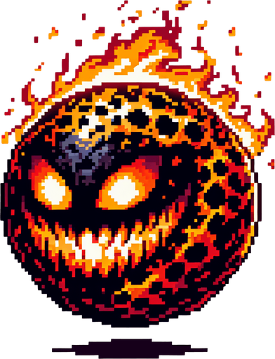 Burning ball shaped creepy grinning devil.
Single Game Texture. In-Game asset. 2d. Blank background. High contrast. No shadows. 8 bit