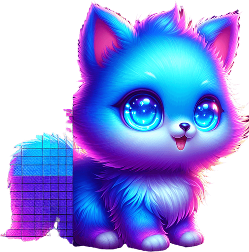 3d cute fluffy colourful kitten big glowing blue eyes.
Single Game Texture. In-Game asset. 2d. Blank background. High contrast. No shadows.