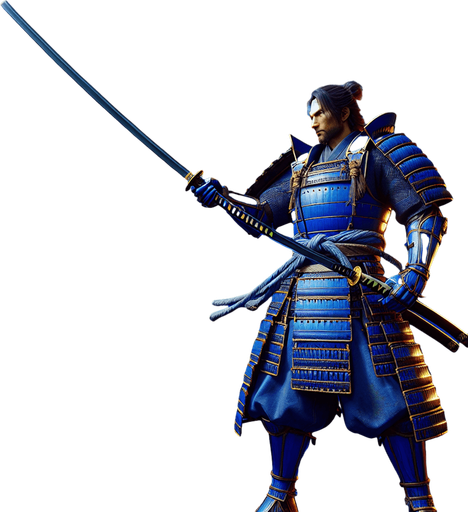 blue armored samurai with long katana.
Single Game Texture.  In-Game asset.  Blank background.  High contrast.  No shadows