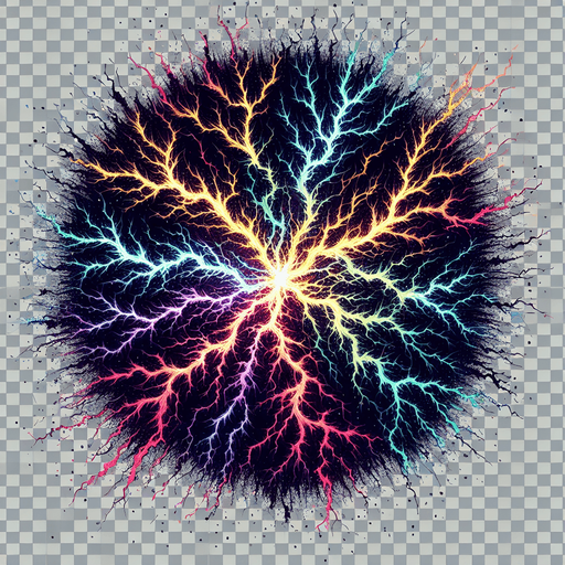 A branching pattern like lightning or cracks, but made of chaotic, multi-colored energy. Could also be a visual of one chaotic explosion triggering others nearby..
Single Game Texture.  In-Game asset.  2d.  Blank background.  High contrast.  No shadows