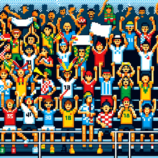 8-bit pixelated cheering group of young fans at the olympics holding signs, Vuvuzelas and confetti.
Single Game Texture. In-Game asset. 2d. Blank background. High contrast. No shadows.