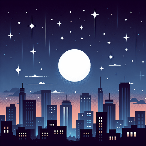 City, night with moon and stars.
Single Game Texture. In-Game asset. 2d. Blank background. High contrast. No shadows.