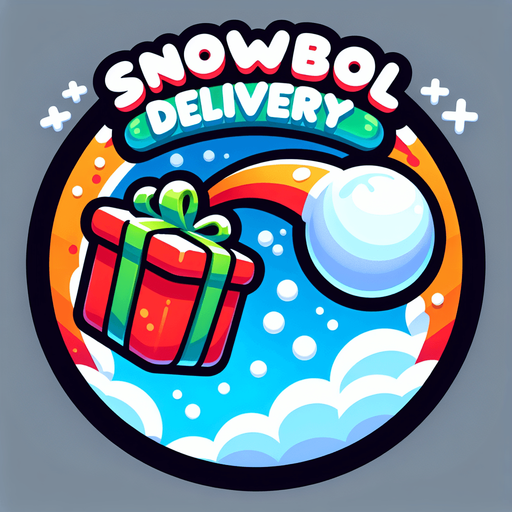 Icon for a snowball hitting a present in the sky, on a circle, with the text „Snowball Delivery“ at top, cartoon, christmas style Single Game Texture. In-Game asset. 2d. Blank background. High contrast. No shadows.