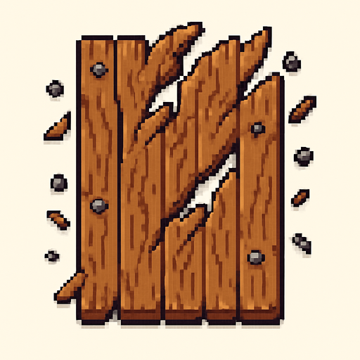 Vista cenital de una baldosa de puerta de madera destruida, aislada, vista desde arriba, estilo pixel art 2D para videojuego, textura continua y repetible, sprite de 32x32. Sin manija, sin marco, sin bisagras. Tablones de madera rotos, astillas y clavos decorativos dispersos. Vetas de madera estilizadas. Alto contraste, arte estilo hecho a mano. Sin sombras. Sin fondo..
In-Game asset.  2d.  High contrast.  No shadows