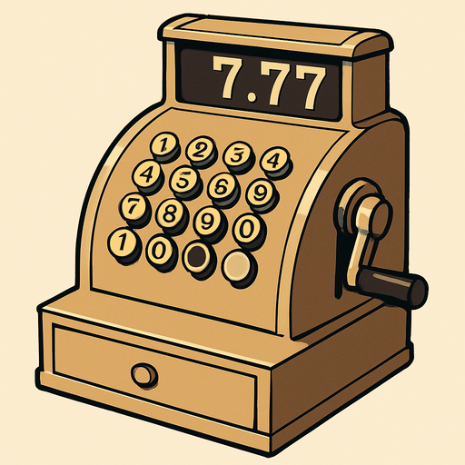 An old style cash register. The numeric read out says 7.77. Anime style..
In-Game asset.  2d.  High contrast.  No shadows