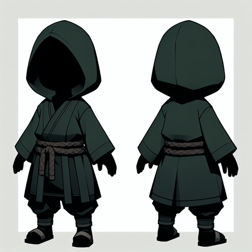 A ninja kid thief, full body, with a dark green hoodie.
Single Game Texture. In-Game asset. 2d. Blank background. High contrast. No shadows.