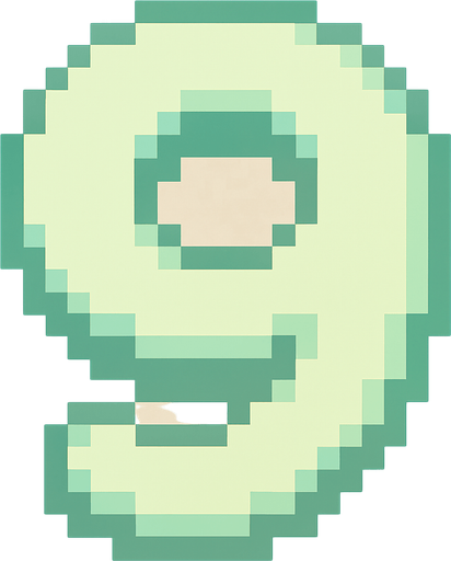 A pixel art number "9" designed for a cozy, cute retro 2D game UI with a bird theme. The number is rendered in soft pastel light green tones to harmonize with the gentle and sweet aesthetic of the game. It has a clean, simple, and rounded pixel style with no harsh edges, fitting perfectly within the pixel art UI style. The number is bold and easily readable at small sizes..
In-Game asset.  2d.  High contrast.  No shadows. pixel art. retro. 2d ui. number. pastel light green. simple. rounded edges. bold. cute. minimal