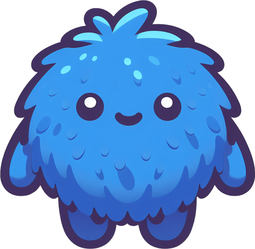 a colbalt blue furry cuddly ball of fur. little feet. No ears. cute happy face. Cartoon style. Cute art style. Simple vector style. Pastel colors, flat shaded, vector art. Single Game Texture. In-Game asset. 2d. Blank background. High contrast. No shadows