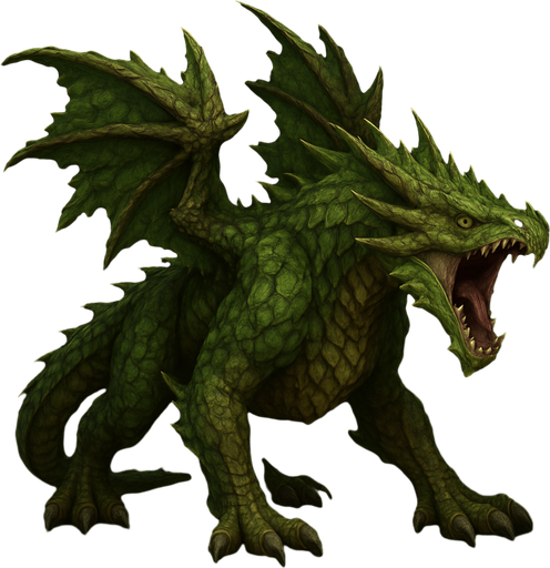 Different standing dragon of forest on four legs, he's head is down and opened mouth to shout. HD colors.
Single Game Texture. In-Game asset. 3D. Blank background. High contrast. No shadows.