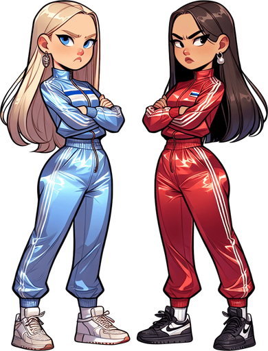 Breast to breasts. Друг против друга стоят. eye to eye. Beautiful blonde norwegian girl in satin track jacket tracksuit color blue vs beauty brunette asian girl in silk track jacket tracksuit color red. Руки за спиной грудь вперед. Смотрят боком стоят в профиль гордо подбородок вверх. Cartoon comics. Во весь рост. Гордые, красивые, злые, раздраженные, с призрением смотрят, скривили губы. Tracksuit track jacket shiny satin. Ноги в кроссовках, блондинка в белых кроссовках, брюнетка в черных кроссовках спорт. Драка бой удары борьба.
Single Game Texture. In-Game asset. 2d. Blank background. High contrast. No shadows.