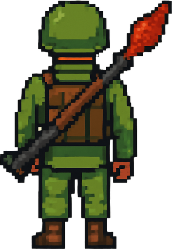 Militar de espalda, derecho , rpg, pixelart.
In-Game asset.  2d.  High contrast.  No shadows