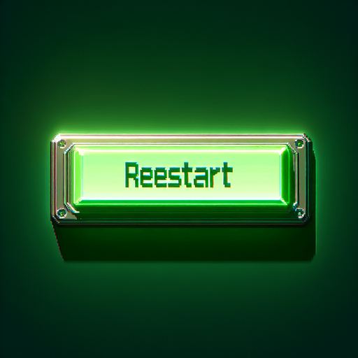 futuristic video game green long rectangle button with the text saying "RESTART".
Single Game Texture. In-Game asset. 2d. Blank background. High contrast. No shadows.