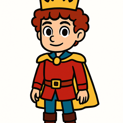 prens kıvırcık saçlı ayakta sakalsız.
In-Game asset.  2d.  High contrast.  No shadows