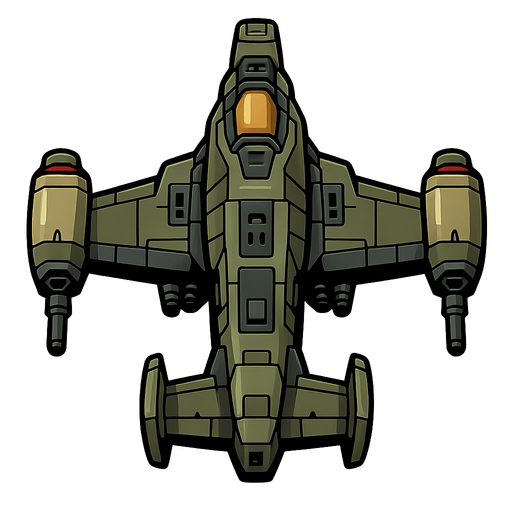 top down 2d scifi pelican war air plane look a like.
In-Game asset.  2d.  High contrast.  No shadows