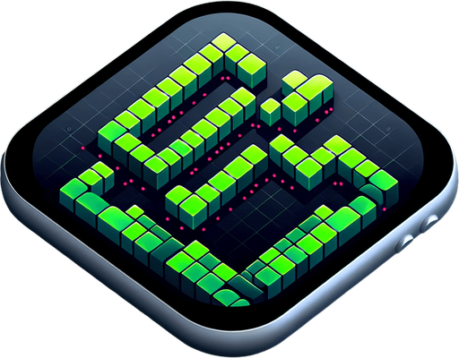 A square app store icon with rounded edges, designed for a hacking game about connecting a line. The icon features a highly angular, pixelated snake-like line in bright green, built from sharp, connected shapes aligned perfectly within a square grid. The snake's angular, segmented design conveys the strategic and technological theme of the game.

The background is a subtle dark gradient, transitioning from deep grey to black, with faint grid lines barely visible to suggest a digital environment. Scattered subtly in the background are tiny red dots, representing bugs, blending seamlessly into the design without overpowering the focus on the snake. The overall look is clean, modern, and sharp, embodying the futuristic and technical essence of the game..
Single Game Texture. In-Game asset. 2d. Blank background. High contrast. No shadows.