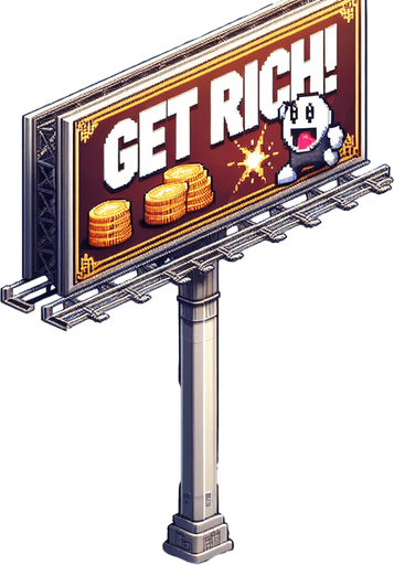street ad billboard with 1 or 2 posts with "Get rich!" on it.
high definition video game sprite